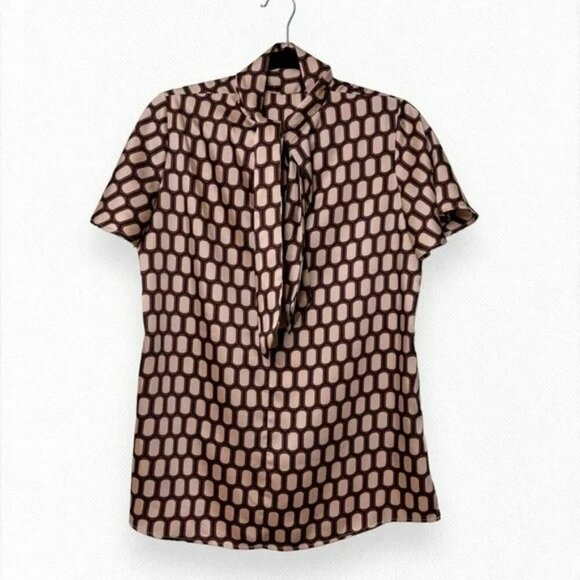 Zara Short Sleeve Blouse Burgundy Cream Geometric Print Bow Satin Size XSmall - Picture 1 of 9